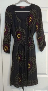 BODEN 100% Silk Dress Sz 14L Gray Floral Vibrant 3/4 Sleeve Business Belted EUC - Picture 1 of 16