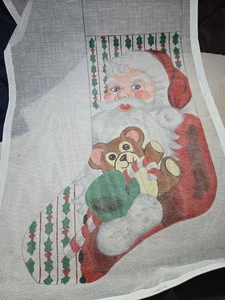 Vintage Mistletoe Santa And Teddy  Christmas Stocking Needlepoint Canvas  21x13" - Picture 1 of 1