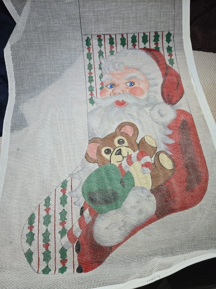 Vintage Mistletoe Santa And Teddy  Christmas Stocking Needlepoint Canvas  21x13" - Image 1 of 1