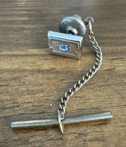 Vtg Signed Swank Silver Tone Lt Blue Rhinestone Tie Pin Tack Chain Japan - Picture 1 of 4