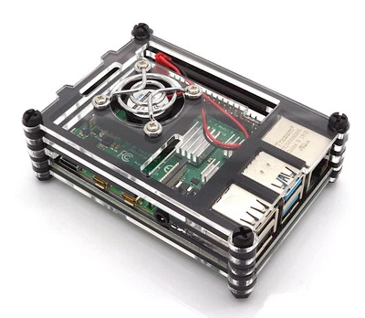 Gehäuse Case für Raspberry Pi 4 mit Lüfter, stackable, transparent/schwarz - Bild 1 von 4