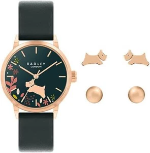 Radley Ladies Watch RY21546A-SET Dark Green Leather Strap Rose Gold Earrings - Picture 1 of 8