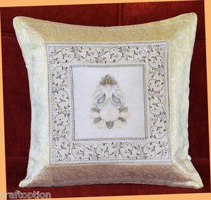 FUNDA DE ALMOHADA/FUNDA DE COJÍN BROCADO BORDADO SEDA BLANCA DE LA INDIA!! - Imagen 1 de 6