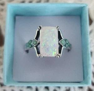 Faux Opal ~ Square Ring ~ Size 8 ~ Faux Jade Gemstones on Sides ~ Silver Band - Picture 1 of 12