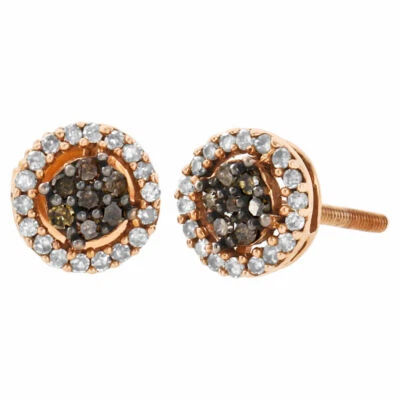 10K Rose Gold Brown Diamond Flower Studs Halo Cluster 7mm Earrings 0.25 Ct. - Image 1 of 4
