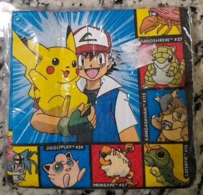 1 pk 16 Pokemon Party Beverage Napkins Ash Pikachu Sandshrew Jigglypuff Vintage - Image 1 of 2