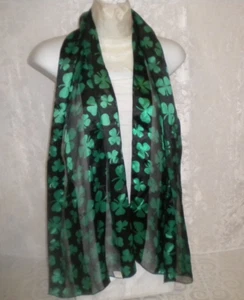 Shamrock Clover Scarf Black and Irish Green Rectangular Silky Box07 - Picture 1 of 4