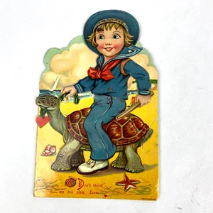 US Navy Sailor Mechanical Valentine Card Riding a Turtle Stand Up German Vintage - Picture 1 of 11