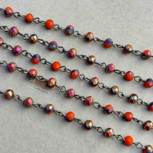 Autumn Matte Orange Crystal Beaded Rosary Gunmetal Eyepin Chain 6mm 2ft Per Pkg - Picture 1 of 4