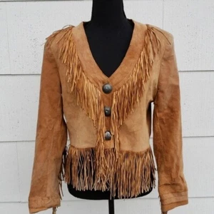 S.H.E Apparel vintage  jacket womens size small tan color leather vintage fringe - Picture 1 of 7