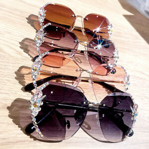 Women Oversized Rhinestone Sunglasses Luxury Diamond Gradual Rimless Shades Gift