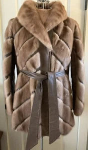 Nerz Pelz Lederjacke Mantel mit Gürtel Damen braun Größe 12-14 - Bild 1 von 22