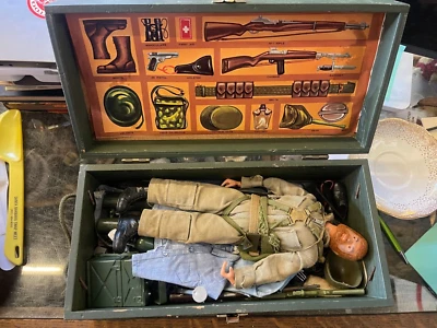 Vintage 1964 GI Joe 12" Figure Hasbro Wooden Footlocker Clothes Weapons Huge Lot - Image 1 of 4