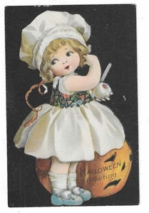 Wolf Kneipe.  Halloween Postkarte Künstler signiert Ellen Clapsaddle Mädchen mit Apfel - Bild 1 von 2