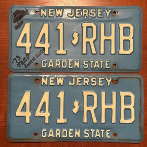Vintage Expired New Jersey License Plates - (2) 441-RHB Blue Embossed - Picture 1 of 2