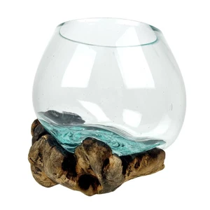Melted Glass On Gamal Root Wood Decorative Bowl Vase Terrarium Planter - Picture 1 of 9