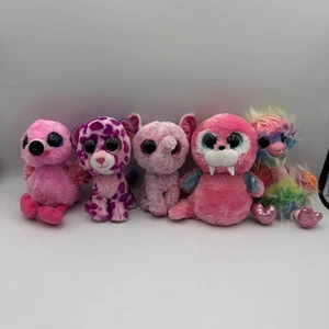 Lot of 5 Ty Beanie Boos Plush Toys Pink Flamingo Leopard Walrus Rainbow Creature - Picture 1 of 14