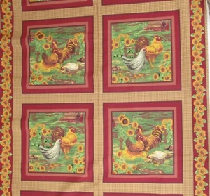 Red Chicken Rooster Hen with Sunflowers Fabric panels for Quilting 35-inch long - Picture 1 of 3