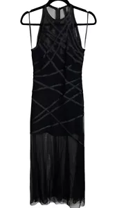 90s Tadashi Bodycon Dress Ribbon Accent Mesh Sheer Mini Maxi Gown Avant Garde - Picture 1 of 4