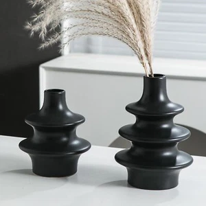 Ceramic Vase Set of 2, Matte Black Boho Vase for Modern Home Decor, Round Vas... - Picture 1 of 9