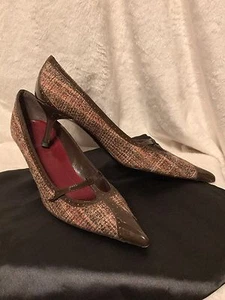 ISABELLA FIORE Brown Patent Leather Tweed Pumps Shoes, Kitten Heel, 8M, 8.5 - Picture 1 of 12
