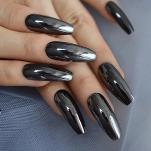 Gunmetal Gray Chrome Mirror Coffin Press On Nails Fake False 24 Set Extra Long - Picture 1 of 6