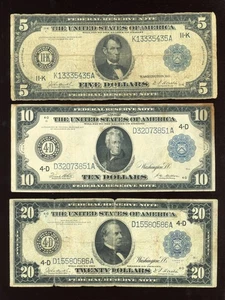 Set of 1914 $5 $10 $20 Federal Reserve Note Large Size Blue seal - Picture 1 of 2