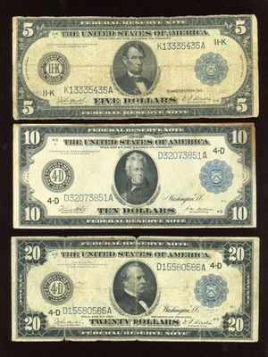 Set of 1914 $5 $10 $20 Federal Reserve Note Large Size Blue seal - Image 1 of 2