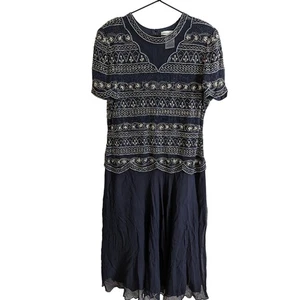 Adrianna Papell Abendkleid 100% Seide dunkelblau Brautmutter Perlen - Bild 1 von 6