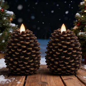 Christmas Flameless Candle, Christmas Pine Cones Candles Real Wax, 2 Pack LED... - Picture 1 of 6