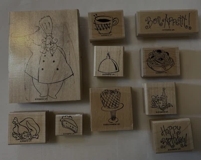 Lote de - 10 - Carimbos de borracha de madeira com tema de culinária - Marcas mistas - Imagem 1 de 4
