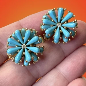 Pendientes clip vintage dorado y turquesa azul lucita/plástico flowerburst - Imagen 1 de 11