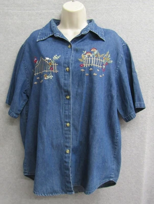 Camisa Denim Top Mujer L Manga Corta Botones Algodón Chic Preppy Foto 1 de 4