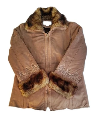 Vintage Y2K Faux Fur & Suede Women's Coat Embroidered Cuffs Nine West Timeless - Image 1 of 4