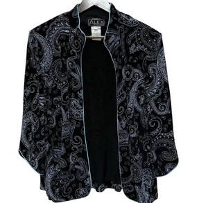 Chaqueta Alex Evenings 1X Negro Teal Brillo Paisley Slinky Frente Abierto - Imagen 1 de 12