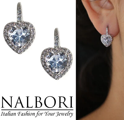 orecchini monachella argento 925 cuore giro brillanti rodiati effetto oro bianco - Immagine 1 di 4