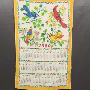 Toalla de lino 1980 calendario cocina pájaros en un árbol vintage 26"" de largo x 15"" de ancho - Imagen 1 de 12