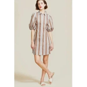 NWT PEARL by LELA ROSE Striped Poplin A Line Shirt Dress Caramel / White Size 4 - Picture 1 of 10
