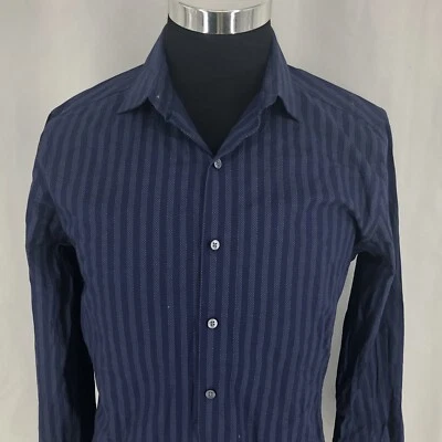 Camisa social Bar III slim fit listrada azul elástica manga longa com botões 15-15,5 - Imagem 1 de 4
