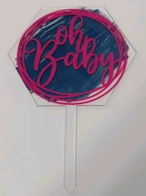 Oh Baby - Rosa con salpicaduras de pintura azul - Paleta hexagonal transparente adorno para pasteles Foto 1 de 4