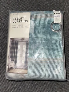 Next Serena Check Teal Eyelet Fully Lined Curtains 90x90” Rrp £150 Brand New - Picture 1 of 2