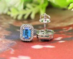 925 Sterling Silver Earrings Emerald Cut Gemstone Earrings Birthday Gift for Her - Picture 1 of 5