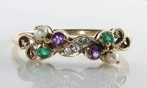 SUFFRAGETTE 9K 9CT GOLD AMETHYST EMERALD PEARL DIAMOND ART DECO INS RING FREE Sz - Picture 1 of 5