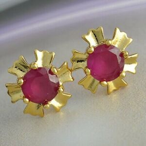 Red Crystal Stone Womens Jewelry Stud Sunflower Earings 18K Gold Plated Flower