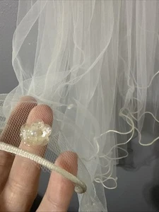 2 Tier Veil White Satin Trim Wedding Bridal Tulle Low/High Bun Sequin Flowers - Picture 1 of 24