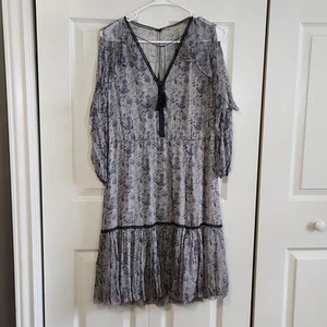 Elie Tahari Women's Silk Gray Blue Lace Ruffle Peekaboo Sleeve Dress Size 8 NWT - Picture 1 of 16