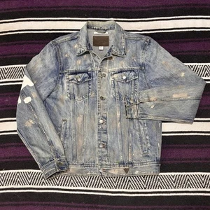 Guess Rex Graffiti Denim Jacket Thrashed Mens L Distressed Streetwear Blue Y2K - Picture 1 of 8