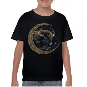 Celtic Moon Bison Youth T-shirt Mystical Forest Animal Wildlife Celestial Kids - Picture 1 of 50