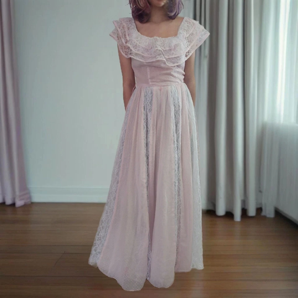 Vintage Prom Dress Halloween Costume Pink Lace Handmade Prairie Cottagecore Gown - Image 1 of 4