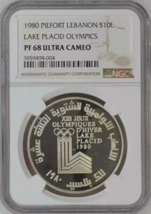 LEBANON , PIEFORT 10 LIVRES LAKE PLACID OLYMPICS 1980 - NGC PF 68 UC , RAREQ - Picture 1 of 2